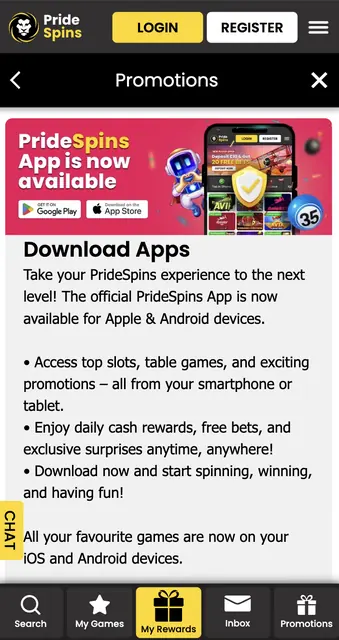 PrideSpins promotions screen on an Android phone